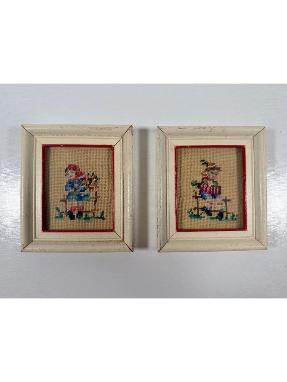 Vintage Set 2 Framed Needlepoint Bavarian Boy & Girl Flowers Accordian 4x5" - Picture 1 of 3